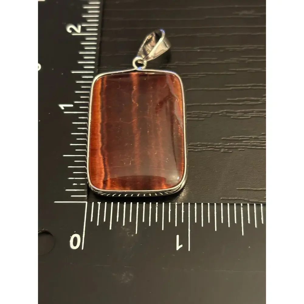 Vintage NOS Reddish Brown Rectangle Stone Pendant Silver Tone